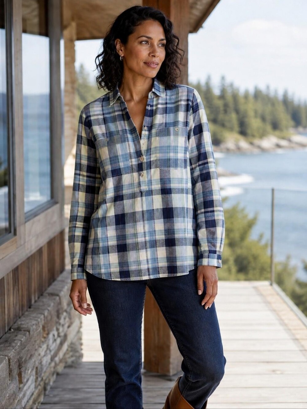 Toad&Co Indigo Ridge Plaid Organic Cotton Popover Shirt M